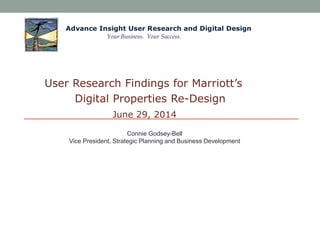 User Research Findings for Marriott’s
Digital Properties Re-Design
June 29, 2014
Advance Insight User Research and Digital Design
Your Business. Your Success.
Connie Godsey-Bell
Vice President, Strategic Planning and Business Development
 