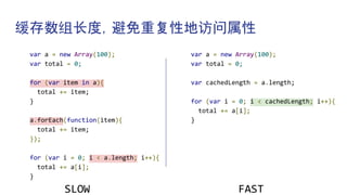 缓存数组长度，避免重复性地访问属性
var a = new Array(100);
var total = 0;
for (var item in a){
total += item;
}
a.forEach(function(item){
total += item;
});
for (var i = 0; i < a.length; i++){
total += a[i];
}
SLOW
var a = new Array(100);
var total = 0;
var cachedLength = a.length;
for (var i = 0; i < cachedLength; i++){
total += a[i];
}
FAST
 