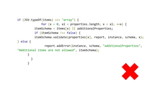 if (JSV.typeOf(items) === "array") {
for (x = 0, xl = properties.length; x < xl; ++x) {
itemSchema = items[x] || additionalProperties;
if (itemSchema !== false) {
itemSchema.validate(properties[x], report, instance, schema, x);
} else {
report.addError(instance, schema, "additionalProperties",
"Additional items are not allowed", itemSchema);
}
}
}
 