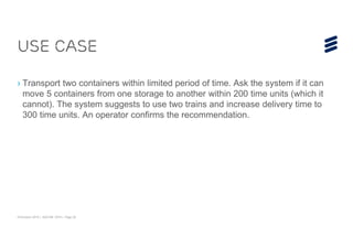 © Ericsson 2015 | ADCOM 2015 | Page 25
› Transport two containers within limited period of time. Ask the system if it can
move 5 containers from one storage to another within 200 time units (which it
cannot). The system suggests to use two trains and increase delivery time to
300 time units. An operator confirms the recommendation.
Use case
 