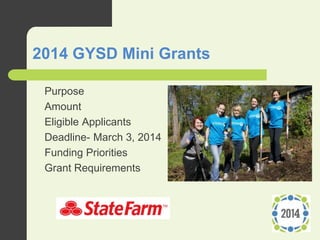 2014 GYSD Mini Grants
 Purpose
 Amount
 Eligible Applicants
 Deadline- March 3, 2014
 Funding Priorities
 Grant Requirements
 