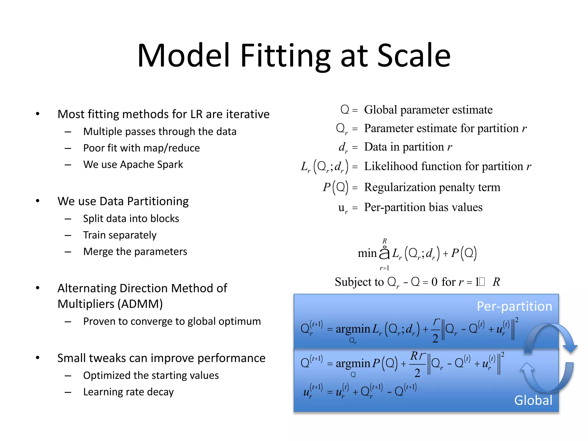 Global
Per-partition
Model Fitting at Scale
• Most fitting methods for LR are iterative
– Multiple passes through the data
– Poor fit with map/reduce
– We use Apache Spark
• We use Data Partitioning
– Split data into blocks
– Train separately
– Merge the parameters
• Alternating Direction Method of
Multipliers (ADMM)
– Proven to converge to global optimum
• Small tweaks can improve performance
– Optimized the starting values
– Learning rate decay
Q = Global parameter estimate
Qr = Parameter estimate for partition r
dr = Data in partition r
Lr Qr;dr( ) = Likelihood function for partition r
P Q( ) = Regularization penalty term
ur = Per-partition bias values
Qr
t+1( )
= argmin
Qr
Lr Qr;dr( )+
r
2
Qr -Q
t( )
+ur
t( )
2
Q
t+1( )
= argmin
Q
P Q( )+
Rr
2
Qr -Q
t( )
+ur
t( )
2
ur
t+1( )
= ur
t( )
+Qr
t+1( )
-Q
t+1( )
min Lr Qr;dr( )+ P Q( )
r=1
R
å
Subject to Qr -Q = 0 for r =1… R
 
