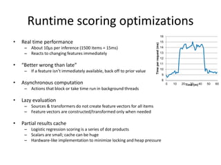 Runtime scoring optimizations
• Real time performance
– About 10µs per inference (1500 items = 15ms)
– Reacts to changing features immediately
• “Better wrong than late”
– If a feature isn’t immediately available, back off to prior value
• Asynchronous computation
– Actions that block or take time run in background threads
• Lazy evaluation
– Sources & transformers do not create feature vectors for all items
– Feature vectors are constructed/transformed only when needed
• Partial results cache
– Logistic regression scoring is a series of dot products
– Scalars are small; cache can be huge
– Hardware-like implementation to minimize locking and heap pressure
8
9
10
11
12
13
14
15
16
0 10 20 30 40 50 60
Timeperrequest(ms)
Time (m)
 