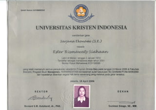 Ijazah Nomor A3100002343
UNIVERSITAS KRISTEN INDONESIA
memberikan gelar
Sctvja^jC{/ EhoncnwO (S.E.)
kepada
Eiter KUmoMfoXy SCahaxxn/
Lahtr dt Modan tanggal 2 Januar! 1972
Terdaftar tebagai mahasiswa sejak tahun 2001
Nomor Pokok Mahasiswa 0131150093
yang telah memenuhl semua persyaratan akademik Program Strata Satu pada tanggal 24 Maret 2006 di Fakultas
Ekonomi, Program Studi Manajemen, TERAKREDITASI berdasarkan surat keputusan No:024/BAN-PT/Ak-IV/IX/2000
dan kepadanya diberikan segala hak serta wewenang yang melekat pada gelar tersebut.
Jakarta, 18 April 2006
R E K T O R
Bernard S.M. Hutabarat, dr., PAK.
D E K A N
Sautman Sinaga, S E . , MM.
 