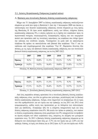 3.1. Δείκτες Κεφαλαιακής Επάρκειας (capital ratios)
Α. Βασικός και συνολικός βασικός δείκτης κεφαλαιακής επάρκειας
Μέχρι την 31 Δεκεμβρίου 2007 οι δείκτες κεφαλαιακής επάρκειας υπολογίζονταν
σύμφωνα με αυτά που όριζε η Βασιλεία Ι. Από την 1 Ιανουαρίου 2008 και έπειτα, ο
υπολογισμός των δεικτών κεφαλαιακής επάρκειας γίνεται σύμφωνα με τους όρους
της Βασιλείας ΙΙ. Οι όροι αυτοί προβλέπουν, εκτός των άλλων, ελάχιστο δείκτη
κεφαλαιακής επάρκειας 8%, ο οποίος ορίζεται ως η σχέση των κεφαλαίων προς τα
περιουσιακά στοιχεία, συγκεκριμένους λογαριασμούς τάξεως και του τεκμαρτού
ποσού που προκύπτει από τις συνολικές απαιτήσεις για κεφάλαια που στόχο έχουν
την κάλυψη του κινδύνου αγοράς. Τουλάχιστον τα μισά από τα απαιτούμενα
κεφάλαια θα πρέπει να αποτελούνται από βασικά ίδια κεφάλαια ‘Τier I’ και τα
υπόλοιπα από συμπληρωματικά ίδια κεφάλαια ‘Tier II’. Παρακάτω δίνονται δύο
πίνακες με τις τιμές του βασικού δείκτη κεφαλαιακής επάρκειας και του συνολικού
βασικού δείκτη κεφαλαιακής επάρκειας για τα έτη 2007-2012.
2007 2008 2009 2010 2011 2012
Όμιλος 9,2% 10,0% 11,3% 13,1% 7,2% 8,5%
Τράπεζα 14,5% 14,5% 16,4% 18,0% 11,0% 11,7%
Πίνακας 10, Βασικός δείκτης κεφαλαιακής επάρκειας 2007-2012
2007 2008 2009 2010 2011 2012
Όμιλος 10,2% 10,3% 11,3% 13,7% 8,3% 9,0%
Τράπεζα 17,1% 16,2% 16,4% 18,5% 12,7% 12,1%
Πίνακας 11, Συνολικός βασικός δείκτης κεφαλαιακής επάρκειας 2007-2012
Από τους παραπάνω πίνακες προκύπτει ότι ο συνολικός βασικός δείκτης κεφαλαι-
ακής επάρκειας είναι, για όλα τα χρόνια που μελετάμε, μεγαλύτερος από το βασικό
δείκτη κεφαλαιακής επάρκειας. Ακόμα, είναι σημαντικό να αναφέρουμε ότι οι τιμές
των δύο αριθμοδεικτών για τον όμιλο και την τράπεζα, τα έτη 2011 και 2012 είναι
αναμορφωμένες, καθώς αυτές που προέκυπταν με τα δεδομένα των ισολογισμών
ήταν μη αποδεκτές. Αναφέραμε ήδη ότι η ελάχιστη υποχρεωτική τιμή για τους
δείκτες επάρκειας κεφαλαίων είναι 8%. Με αυτόν τον τρόπο οι τράπεζες, των οποίων
οι δείκτες κεφαλαιακής επάρκειας είναι μικρότεροι του 8% υποχρεούνται να προβούν
σε άμεση αύξηση των ιδίων κεφαλαίων τους, επομένως σε αύξηση του μετοχικού
κεφαλαίου τους. Το 2011 ο βασικός δείκτης κεφαλαιακής επάρκειας σύμφωνα με τα
δεδομένα του ισολογισμού ήταν ίσος με -3,7% για τον όμιλο και με -2,8% για την
τράπεζα. Επίσης, οι τιμές του δείκτη για το 2012 ήταν -6,7% για τον όμιλο και -8,8%
 