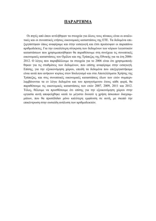 ΠΑΡΑΡΤΗΜΑ
Οι πηγές από όπου αντλήθηκαν τα στοιχεία για όλους τους πίνακες είναι οι αναλυ-
τικές και οι συνοπτικές ετήσιες οικονομικές καταστάσεις της ΕΤΕ. Τα δεδομένα επε-
ξεργάστηκαν όπως αναφέραμε και στην εισαγωγή και έτσι προέκυψαν οι παραπάνω
αριθμοδείκτες. Για την ευκολότερη σύγκριση των δεδομένων των κύριων λογιστικών
καταστάσεων που χρησιμοποιήθηκαν θα παραθέσουμε στη συνέχεια τις συνοπτικές
οικονομικές καταστάσεις του Ομίλου και της Τράπεζας της Εθνικής για τα έτη 2006-
2012. Ο λόγος που παραβάλλουμε τα στοιχεία για το 2006 είναι ότι χρησιμοποιή-
θηκαν για τις σταθμίσεις των δεδομένων, που επίσης αναφέραμε στην εισαγωγή.
Επίσης, για την εξοικονόμηση χώρου, επειδή τα δεδομένα που επεξεργαστήκαμε
είναι αυτά που ανήκουν κυρίως στον Ισολογισμό και στα Αποτελέσματα Χρήσης της
Τράπεζας, και στις συνοπτικές οικονομικές καταστάσεις όλων των ετών συμπερι-
λαμβάνονται τα εν λόγω δεδομένα και του προηγούμενου έτους κάθε φορά, θα
παραθέσουμε τις οικονομικές καταστάσεις των ετών 2007, 2009, 2011 και 2012.
Τέλος, θέλουμε να προσθέσουμε ότι επίσης για την εξοικονόμηση χώρου στην
εργασία αυτή αποφεύχθηκε κατά το μέγιστο δυνατό η χρήση άσκοπων διαγραμ-
μάτων, που θα προσέδιδαν μόνο καλύτερη εμφάνιση σε αυτή, με σκοπό την
επικέντρωση στην ουσιώδη ανάλυση των αριθμοδεικτών.
 
