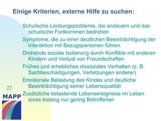 22
Einige Kriterien, externe Hilfe zu suchen:
Schulische Leistungsprobleme, die andauern und das
schulische Fortkommen bedrohen
Symptome, die zu einer deutlichen Beeinträchtigung der
Interaktion mit Bezugspersonen führen
Drohende soziale Isolierung durch Konflikte mit anderen
Kindern und Verlust von Freundschaften
Frühes und erhebliches dissoziales Verhalten (z. B.
Sachbeschädigungen, Verletzungen anderer)
Emotionale Belastung des Kindes und deutliche
Beeinträchtigung seiner Lebensqualität
Zusätzliche belastende Lebensereignisse im Leben
eines bislang nur gering Betroffenen
 