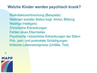 4
Welche Kinder werden psychisch krank?
Risikofaktorenforschung (Beispiele):
Niedriger sozialer Status bzgl. Armut, Bildung
Niedrige Intelligenz
Chronische Erkrankungen
Fehlen eines Elternteiles
Psychische / körperliche Erkrankungen der Eltern
Prä-, peri- und postnatale Schädigungen
Kritische Lebensereignisse (Unfälle, Tod)
 
