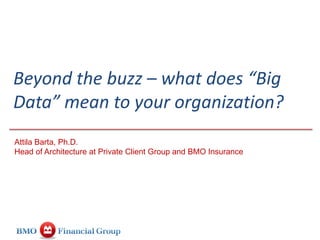 Beyond the buzz – what does “Big
Data” mean to your organization?
Attila Barta, Ph.D.
Head of Architecture at Private Client Group and BMO Insurance
 