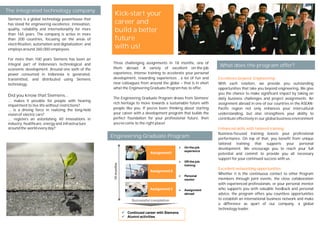 Siemens is a global technology powerhouse that
has stood for engineering excellence, innovation,
quality, reliability and internationality for more
than 165 years. The company is active in more
than 200 countries, focusing on the areas of
electrification, automation and digitalization; and
employsaround 360,000 employees.
For more than 100 years Siemens has been an
integral part of Indonesia’s technological and
economic development. Around one sixth of the
power consumed in Indonesia is generated,
transmitted, and distributed using Siemens
technology.
Did you know that Siemens…
… makes it possible for people with hearing
impairment to live life without restrictions?
… is a driving force in realizing the long-held
vision of electric cars?
… registers an astonishing 40 innovations in
industry,healthcare, energy and infrastructure
around the world every day?
ü Continued career with Siemens
ü Alumni activities
Successful completion
18months
Three challenging assignments
them abroad. A variety
experience, intense training
development, rewarding experiences
new colleagues from around
what the Engineering Graduate
The Engineering Graduate Program
rich heritage to move towards
people like you. If you’ve been
your career with a development
perfect foundation for your
you’vecome to the right place!
Kick-start your
career and
build a better
future
with us!
Engineering Graduate Program
The integrated technology company
Assignment1
Assignment 2
Assignment 3
Continued career with Siemens
What does the program offer?
Successful completion
Ø On-the-job
experience
Ø Off-the-job
training
Ø Personal
mentor
Ø Assignment
abroad
assignments in 18 months, one of
variety of excellent on-the-job
training to accelerate your personal
experiences , a lot of fun and
around the globe – that is in short
Graduate Program has to offer.
Program draws from Siemens’
towards a sustainable future with
been thinking about starting
development program that builds the
your professional future, then
place!
start your
Engineering Graduate Program
Assignment1
Assignment 2
Assignment 3
Excellence beyond Engineering
With each rotation, we provide you outstanding
opportunities that take you beyond engineering, We give
you the chance to make significant impact by taking on
daily business challenges and project assignments. An
assignment abroad in one of our countries in the ASEAN-
Pacific region not only enhances your intercultural
understanding, but also strengthens your ability to
contribute effectively in our global business environment
Enhanced skills with tailored training
Business-focused training boosts your professional
performance. On top of that, you benefit from unique
tailored training that supports your personal
development. We encourage you to reach your full
potential and commit to provide you all necessary
support for your continued success with us.
Excellent networking opportunities
Whether it is the continuous contact to other Program
members through joint events, the close collaboration
with experienced professionals, or your personal mentor
who supports you with valuable feedback and personal
advice, the program offers you countless opportunities
to establish an international business network and make
a difference as apart of our company, a global
technology leader.
 