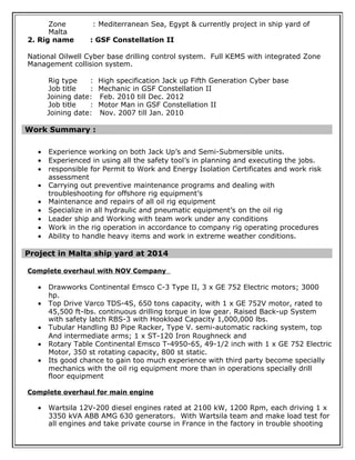 Zone : Mediterranean Sea, Egypt & currently project in ship yard of 
Malta 
2. Rig name : GSF Constellation II 
National Oilwell Cyber base drilling control system. Full KEMS with integrated Zone 
Management collision system. 
Rig type : High specification Jack up Fifth Generation Cyber base 
Job title : Mechanic in GSF Constellation II 
Joining date: Feb. 2010 till Dec. 2012 
Job title : Motor Man in GSF Constellation II 
Joining date: Nov. 2007 till Jan. 2010 
Work Summary : 
· Experience working on both Jack Up’s and Semi-Submersible units. 
· Experienced in using all the safety tool’s in planning and executing the jobs. 
· responsible for Permit to Work and Energy Isolation Certificates and work risk 
assessment 
· Carrying out preventive maintenance programs and dealing with 
troubleshooting for offshore rig equipment’s 
· Maintenance and repairs of all oil rig equipment 
· Specialize in all hydraulic and pneumatic equipment’s on the oil rig 
· Leader ship and Working with team work under any conditions 
· Work in the rig operation in accordance to company rig operating procedures 
· Ability to handle heavy items and work in extreme weather conditions. 
Project in Malta ship yard at 2014 
Complete overhaul with NOV Company 
· Drawworks Continental Emsco C-3 Type II, 3 x GE 752 Electric motors; 3000 
hp. 
· Top Drive Varco TDS-4S, 650 tons capacity, with 1 x GE 752V motor, rated to 
45,500 ft-lbs. continuous drilling torque in low gear. Raised Back-up System 
with safety latch RBS-3 with Hookload Capacity 1,000,000 lbs. 
· Tubular Handling BJ Pipe Racker, Type V. semi-automatic racking system, top 
And intermediate arms; 1 x ST-120 Iron Roughneck and 
· Rotary Table Continental Emsco T-4950-65, 49-1/2 inch with 1 x GE 752 Electric 
Motor, 350 st rotating capacity, 800 st static. 
· Its good chance to gain too much experience with third party become specially 
mechanics with the oil rig equipment more than in operations specially drill 
floor equipment 
Complete overhaul for main engine 
· Wartsila 12V-200 diesel engines rated at 2100 kW, 1200 Rpm, each driving 1 x 
3350 kVA ABB AMG 630 generators. With Wartsila team and make load test for 
all engines and take private course in France in the factory in trouble shooting 
 