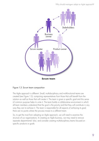 Why should managers adopt an Agile approach?
9
Figure 1.3  Scrum team composition
The Agile approach is different. Small, multidisciplinary and multifunctional teams are
created (see Figure 1.3), comprising representatives from those that will benefit from the
solution as well as those that will create it. The team is given a specific goal and this sense
of common purpose helps to unite it. The team builds a collaborative environment in which
all team members understand that the goal is the priority and that they will contribute in any
way they can to achieve it. The team is responsible for all aspects of achieving its goal;
there are no points where the process moves to a different team.
So, to get the most from adopting an Agile approach, we will need to examine the
structure of our organizations. In creating an Agile business, we may need to remove
separate departmental ‘silos’, and consider creating multidisciplinary teams focused on
specific products or goals.
Business
owner
Stakeholders
Product ownerScrum master
Scrum team
10190 IBP Understanding Agile TEXT v0_9.indd 21 01/08/2016 15:18
 