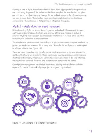 Why should managers adopt an Agile approach?
13
Planning is vital in Agile, but only to a level of detail that is appropriate for the period we
are considering. In general, the further into the future we plan, the less detailed our plans
are and we accept that they may change. As we embark on a specific, shorter timeframe,
we plan in more detail. There is often more planning in Agile than in more traditional
environments – the difference is that planning is integrated throughout.
Myth 5 – Agile does not need managers
By implementing Agile, do you make management redundant? Of course not. In many
early Agile implementations, the team was seen as all that was needed to deliver a
solution. Anything else was seen as unnecessary interference – it would either slow the
team down or undermine its empowerment.
This may be true for a very small piece of work in which there are no complex interfaces or
politics. As we know, however, this is rarely true. Normally, the small piece of work is part
of a larger initiative (see Figure 1.4).
There are many areas that may be affected, or need amendment to be able to reap the
real benefits of what we are doing. These can include business processes, organizational
structures and company infrastructure. Senior stakeholders also need to be kept informed.
Having multiple suppliers, locations and customers can complicate the picture.
Good project management has always been about dealing with all of these different
aspects. So please don’t sack all your project managers, or yourselves!
Figure 1.4  An example of a complex organization
10190 IBP Understanding Agile TEXT v0_9.indd 25 01/08/2016 15:18
 