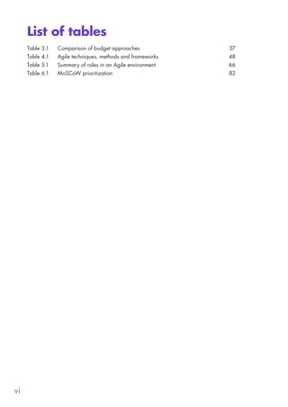 vi
List of tables
Table 3.1	 Comparison of budget approaches	 37
Table 4.1	 Agile techniques, methods and frameworks	 48
Table 5.1	 Summary of roles in an Agile environment	 66
Table 6.1	 MoSCoW prioritization	 82
10190 IBP Understanding Agile TEXT v0_9.indd 6 01/08/2016 15:18
 