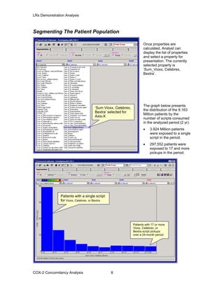 LRx Demonstration Analysis
Segmenting The Patient Population
Once properties are
calculated, Analyst can
display the list of properties
and select a property for
presentation. The currently
selected property is
‘Sum_Vioxx, Celebrex,
Bextra’.
The graph below presents
the distribution of the 8.1
Million patients by the
number of scripts consume
in the analyzed period
63
d
(2 yr).
• 3.924 Million patients
were exposed to a single
script in the period.
• 297,552 patients were
exposed to 17 and more
pickups in the period.
Patients with 17 or more
Vioxx, Celebrex, or
Bextra script pickups
over a 24-month period
Patients with a single script
for Vioxx, Celebrex, or Bextra
‘Sum Vioxx, Celebrex,
Bextra’ selected for
Axis-X
COX-2 Concomitancy Analysis 8
 