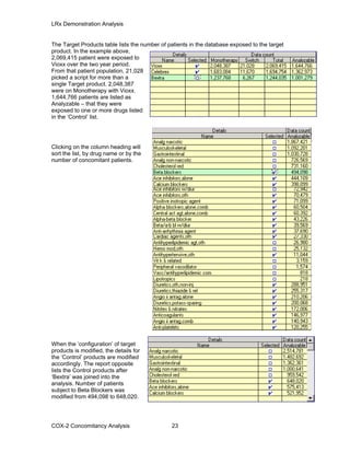 LRx Demonstration Analysis
The Target Products table lists the number of patients in the database exposed to the target
product. In the example above,
2,069,415 patient were exposed to
Vioxx over the two year period.
From that patient population, 21,028
picked a script for more than a
single Target product. 2,048,387
were on Monotherapy with Vioxx.
1,644,766 patients are listed as
Analyzable – that they were
exposed to one or more drugs listed
in the ‘Control’ list.
Clicking on the column heading will
sort the list, by drug name or by the
number of concomitant patients.
When the ‘configuration’ of target
products is modified, the details for
the ‘Control’ products are modified
accordingly. The report opposite
lists the Control products after
‘Bextra’ was joined into the
analysis. Number of patients
subject to Beta Blockers was
modified from 494,098 to 648,020.
COX-2 Concomitancy Analysis 23
 