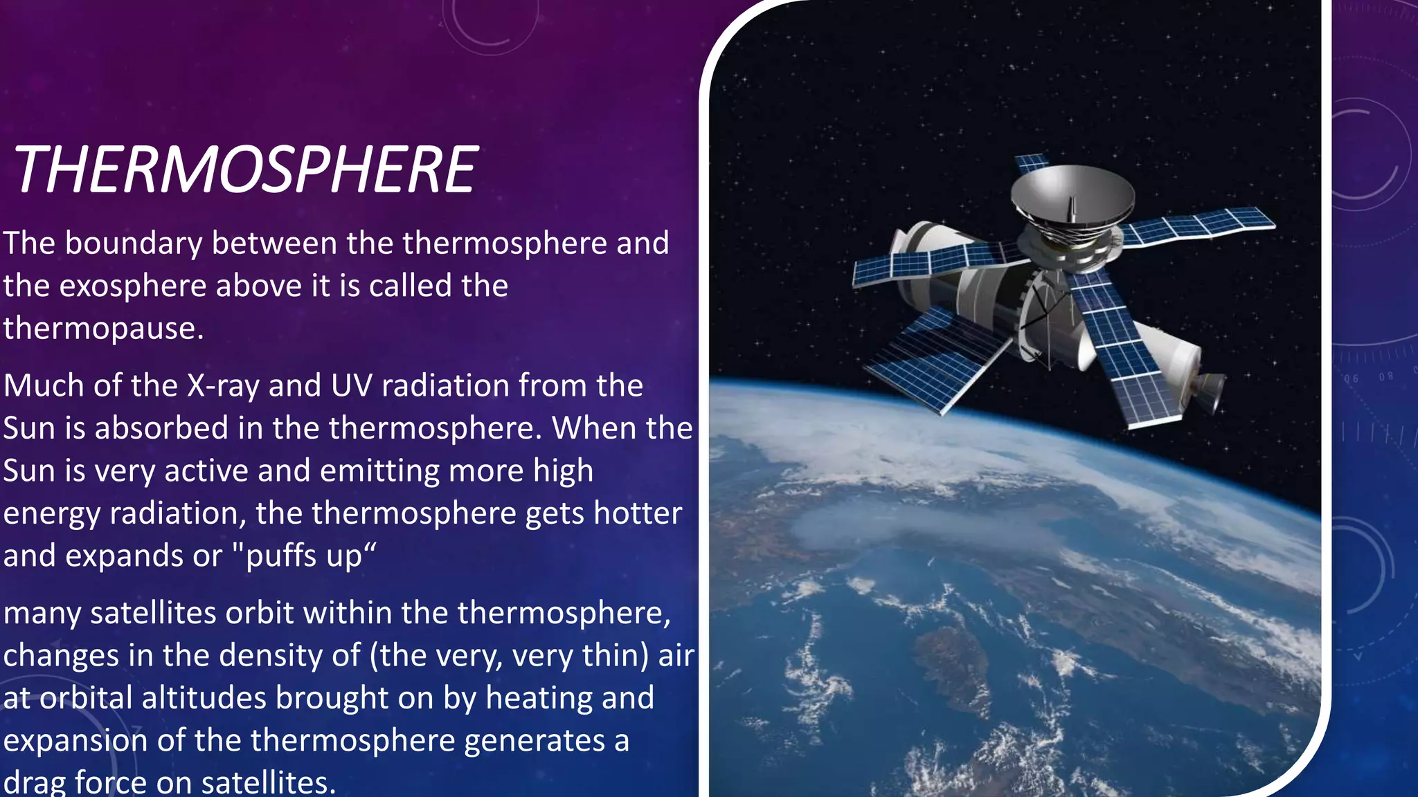 THERMOSPHERE
The boundary between the thermosphere and
the exosphere above it is called the
thermopause.
Much of the X-ray and UV radiation from the
Sun is absorbed in the thermosphere. When the
Sun is very active and emitting more high
energy radiation, the thermosphere gets hotter
and expands or "puffs up“
many satellites orbit within the thermosphere,
changes in the density of (the very, very thin) air
at orbital altitudes brought on by heating and
expansion of the thermosphere generates a
drag force on satellites.
 