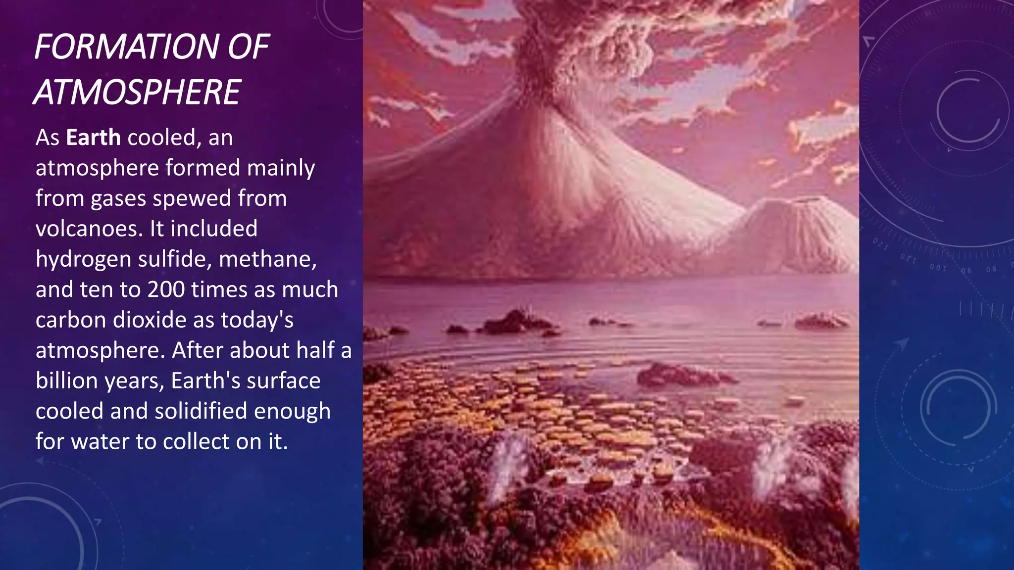 FORMATION OF
ATMOSPHERE
As Earth cooled, an
atmosphere formed mainly
from gases spewed from
volcanoes. It included
hydrogen sulfide, methane,
and ten to 200 times as much
carbon dioxide as today's
atmosphere. After about half a
billion years, Earth's surface
cooled and solidified enough
for water to collect on it.
 