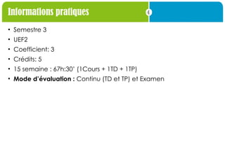 4
Informations pratiques
• Semestre 3
• UEF2
• Coefficient: 3
• Crédits: 5
• 15 semaine : 67h:30’ (1Cours + 1TD + 1TP)
• Mode d’évaluation : Continu (TD et TP) et Examen
 