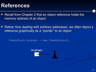 References Recall from Chapter 2 that an object reference holds the memory address of an object Rather than dealing with arbitrary addresses, we often depict a reference graphically as a “pointer” to an object ChessPiece bishop1 = new ChessPiece(); bishop1 