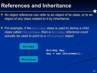 References and Inheritance An object reference can refer to an object of its class, or to an object of any class related to it by inheritance For example, if the  Holiday  class is used to derive a child class called  Christmas , then a  Holiday  reference could actually be used to point to a  Christmas  object Holiday day; day = new Christmas(); Holiday Christmas 