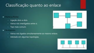 Classificação quanto ao enlace
 Ponto-a-Ponto:
• Ligação dois-a-dois.
• Vários nós interligados entre si.
• Tipo mais comum.
 Multiponto:
• Vários nós ligados simultaneamente ao mesmo enlace.
• Adotado em algumas topologias.
 