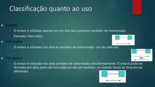 Classificação quanto ao uso
 Simplex:
• O enlace é utilizado apenas em um dos dois possíveis sentidos de transmissão.
• Exemplo: Fibra ótica.
 Half-duplex
• O enlace é utilizado nos dois se sentidos de transmissão- um de cada vez.
 Full-duplex:
• O enlace é utilizado nos dois sentidos de transmissão simultaneamente. O enlace pode ser
formado por dois pares de fios (cada um em um sentido), ou usando faixas de frequências
diferentes.
 