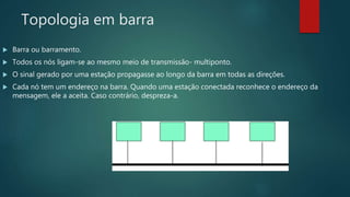Topologia em barra
 Barra ou barramento.
 Todos os nós ligam-se ao mesmo meio de transmissão- multiponto.
 O sinal gerado por uma estação propagasse ao longo da barra em todas as direções.
 Cada nó tem um endereço na barra. Quando uma estação conectada reconhece o endereço da
mensagem, ele a aceita. Caso contrário, despreza-a.
 