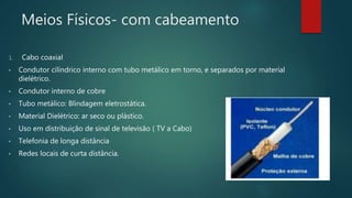 Meios Físicos- com cabeamento
1. Cabo coaxial
• Condutor cilíndrico interno com tubo metálico em torno, e separados por material
dielétrico.
• Condutor interno de cobre
• Tubo metálico: Blindagem eletrostática.
• Material Dielétrico: ar seco ou plástico.
• Uso em distribuição de sinal de televisão ( TV a Cabo)
• Telefonia de longa distância
• Redes locais de curta distância.
 
