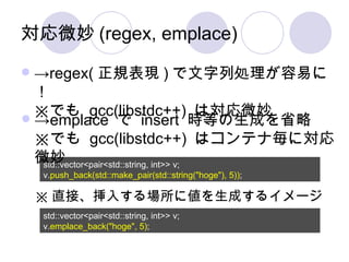 対応微妙 (regex, emplace) -> regex( 正規表現 ) で文字列処理が容易に！ ※でも  gcc(libstdc++)  は対応微妙 std::vector<pair<std::string, int>> v; v. push_back(std::make_pair(std::string("hoge"), 5)) ; -> emplace  で  insert  時等の生成を省略 ※でも  gcc(libstdc++)  はコンテナ毎に対応微妙 std::vector<pair<std::string, int>> v; v. emplace_back("hoge", 5) ; ※ 直接、挿入する場所に値を生成するイメージ 