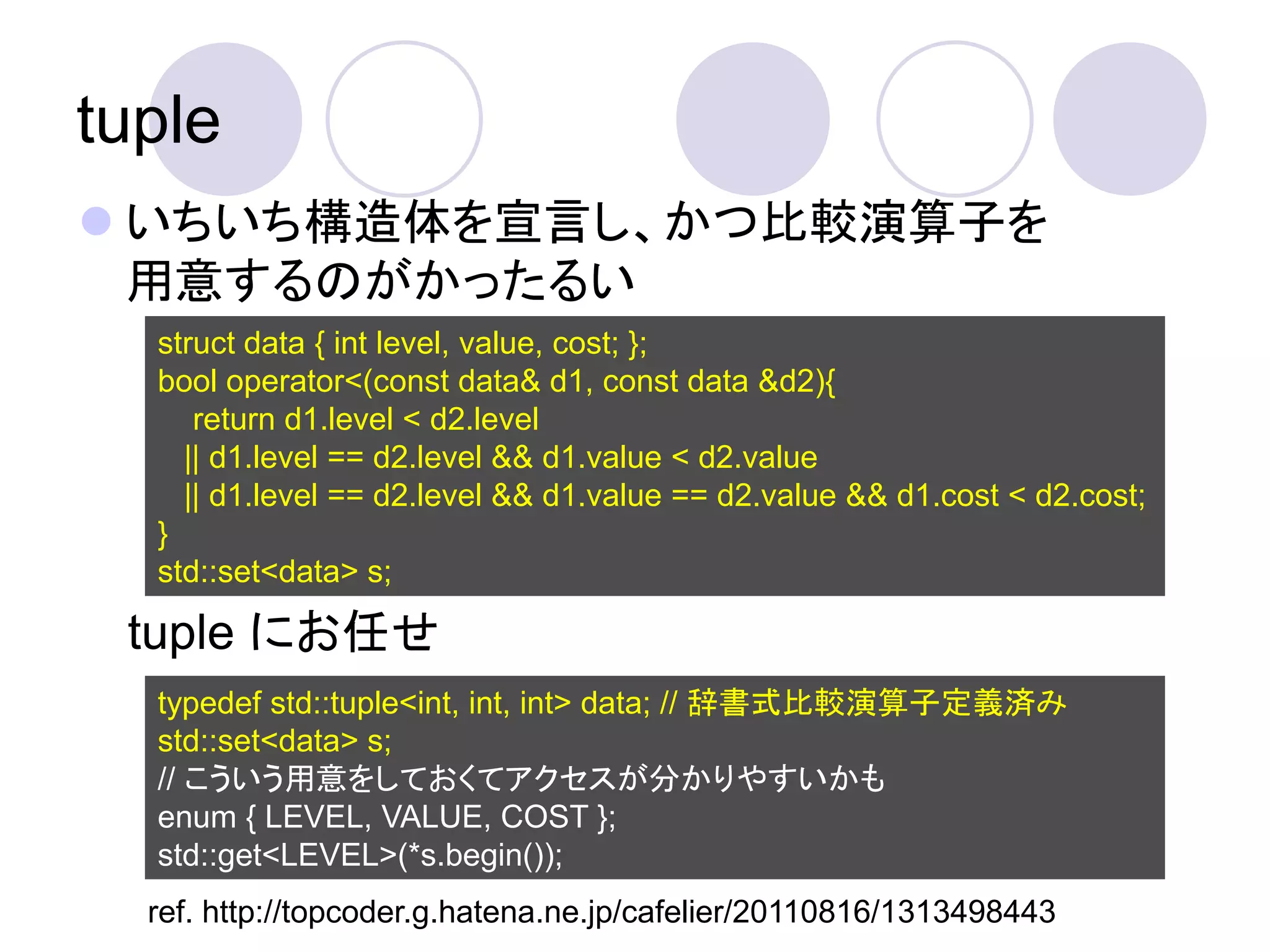 tuple
 いちいち構造体を宣言し、かつ比較演算子を
  用意するのがかったるい
  struct data { int level, value, cost; };
  bool operator<(const data& d1, const data &d2){
     return d1.level < d2.level
    || d1.level == d2.level && d1.value < d2.value
    || d1.level == d2.level && d1.value == d2.value && d1.cost < d2.cost;
  }
  std::set<data> s;

 tuple にお任せ
  typedef std::tuple<int, int, int> data; // 辞書式比較演算子定義済み
  std::set<data> s;
  // こういう用意をしておくてアクセスが分かりやすいかも
  enum { LEVEL, VALUE, COST };
  std::get<LEVEL>(*s.begin());
  ref. http://topcoder.g.hatena.ne.jp/cafelier/20110816/1313498443
 