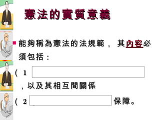 憲法的實質意義 能夠稱為憲法的法規範， 其 內容 必須包括 ： （ 1 ）國家權力機關的組織、職權  ，以及其相互間關係 （ 2 ）人  民  權  利  保障。 