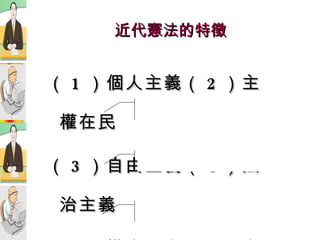 近代憲法的特徵 （ 1 ）個人主義（ 2 ）主權在民  （ 3 ）自由主義（ 4 ）法治主義 （ 5 ）權力分立（ 6 ）立法至上 