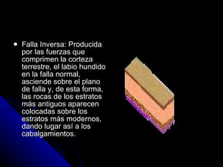 Falla Inversa: Producida por las fuerzas que comprimen la corteza terrestre, el labio hundido en la falla normal, asciende sobre el plano de falla y, de esta forma, las rocas de los estratos más antiguos aparecen colocadas sobre los estratos más modernos, dando lugar así a los cabalgamientos. 