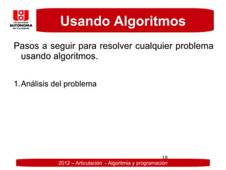 Usando Algoritmos
Pasos a seguir para resolver cualquier problema
 usando algoritmos.

1.Análisis del problema




                                                         18
            2012 – Articulación - Algoritmia y programación
 