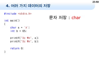 25 /68
4. 여러 가지 데이터의 저장


               문자 저장 : char
 