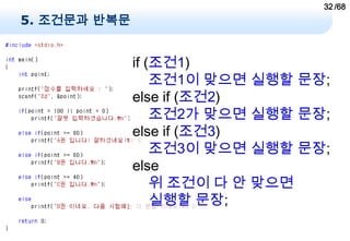 32 /68
5. 조건문과 반복문


              if (조건1)
                  조건1이 맞으면 실행할 문장;
              else if (조건2)
                  조건2가 맞으면 실행할 문장;
              else if (조건3)
                  조건3이 맞으면 실행할 문장;
              else
                  위 조건이 다 안 맞으면
                  실행할 문장;
 