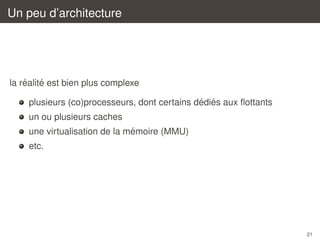 Un peu d’architecture

´
´
la realite est bien plus complexe
´ ´
plusieurs (co)processeurs, dont certains dedies aux ﬂottants
un ou plusieurs caches
´
une virtualisation de la memoire (MMU)
etc.

21

 