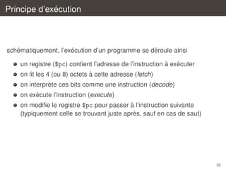 ´
Principe d’execution

´
´
´
schematiquement, l’execution d’un programme se deroule ainsi
`
´
un registre ($pc) contient l’adresse de l’instruction a executer
`
on lit les 4 (ou 8) octets a cette adresse (fetch)
`
on interprete ces bits comme une instruction (decode)
´
on execute l’instruction (execute)
`
on modiﬁe le registre $pc pour passer a l’instruction suivante
`
(typiquement celle se trouvant juste apres, sauf en cas de saut)

22

 