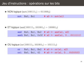 ´
Jeu d’instructions : operations sur les bits
NON logique (not(1001112 ) = 0110002 )

not

$a0, $a1

# a0 <- not(a1)

ET logique (and(1001112 , 1010012 ) = 1000012 )

and $a0, $a1, $a2 # a0 <- and(a1, a2)
andi $a0, $a1, 0x3f # a0 <- and(a1, 0...0111111)

OU logique (or(1001112 , 1010012 ) = 1011112 )

or
ori

$a0, $a1, $a2
$a0, $a1, 42

# a0 <- or(a1, a2)
# a0 <- or(a1, 0...0101010)

30

 