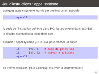 `
Jeu d’instructions : appel systeme
`
´
quelques appels systeme fournis par une instruction speciale

syscall

ˆ
le code de l’instruction doit etre dans $v0, les arguments dans $a0–$a3 ;
´
´
´
le resultat eventuel sera place dans $v0
`
exemple : appel systeme print int pour afﬁcher un entier

li
$v0, 1
li
$a0, 42
syscall

# code de print_int
# valeur ` afficher
a

ˆ
de meme read int, print string, etc. (voir la documentation)
38

 