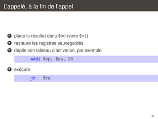 ´ `
L’appele, a la ﬁn de l’appel

1

´
place le resultat dans $v0 (voire $v1)

2

´
restaure les registres sauvegardes

3

´
depile son tableau d’activation, par exemple

addi $sp, $sp, 28
4

´
execute

jr

$ra

50

 