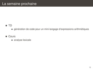 La semaine prochaine

TD
´ ´
´
generation de code pour un mini-langage d’expressions arithmetiques

Cours
analyse lexicale

72

 