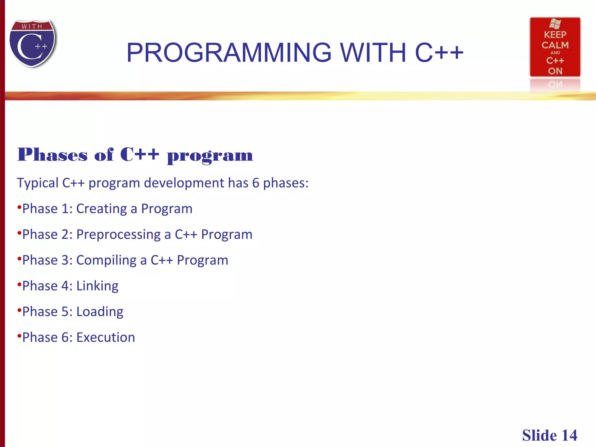 Slide 14
PROGRAMMING WITH C++
Phases of C++ program
Typical C++ program development has 6 phases:
•Phase 1: Creating a Program
•Phase 2: Preprocessing a C++ Program
•Phase 3: Compiling a C++ Program
•Phase 4: Linking
•Phase 5: Loading
•Phase 6: Execution
 