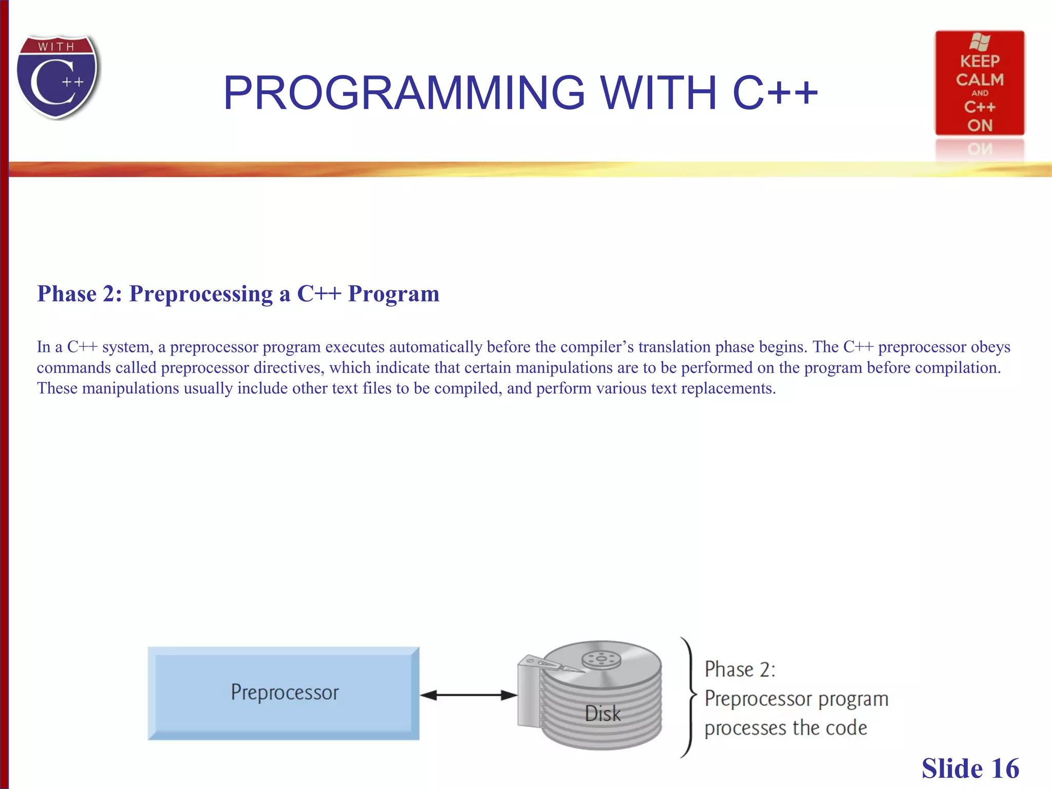 Slide 16
PROGRAMMING WITH C++
Phase 2: Preprocessing a C++ Program
In a C++ system, a preprocessor program executes automatically before the compiler’s translation phase begins. The C++ preprocessor obeys
commands called preprocessor directives, which indicate that certain manipulations are to be performed on the program before compilation.
These manipulations usually include other text files to be compiled, and perform various text replacements.
 
