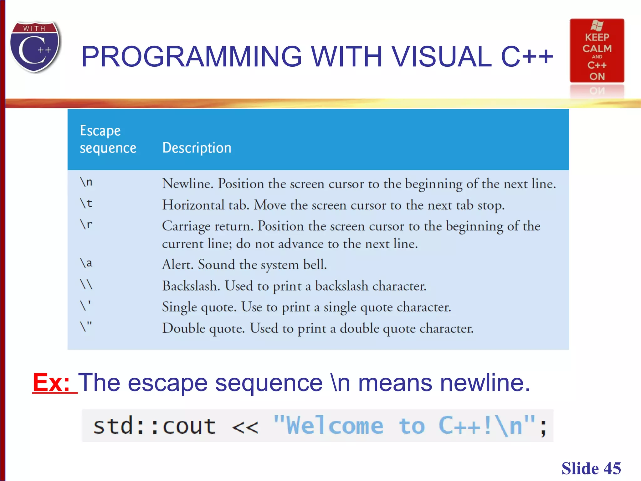 Slide 45
PROGRAMMING WITH VISUAL C++
Ex: The escape sequence n means newline.
 