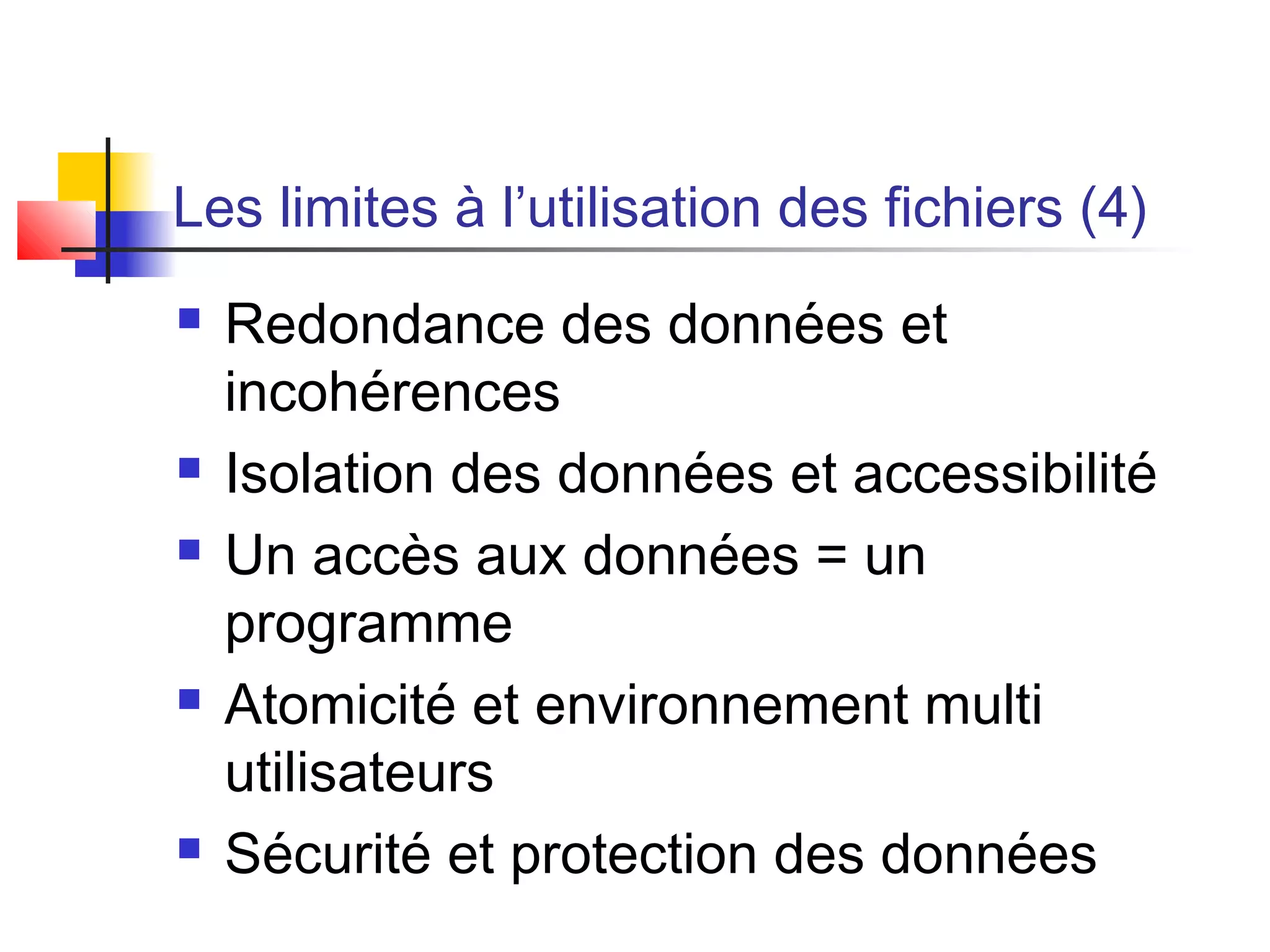Les limites à l’utilisation des fichiers (4)
 Redondance des données et
incohérences
 Isolation des données et accessibilité
 Un accès aux données = un
programme
 Atomicité et environnement multi
utilisateurs
 Sécurité et protection des données
 