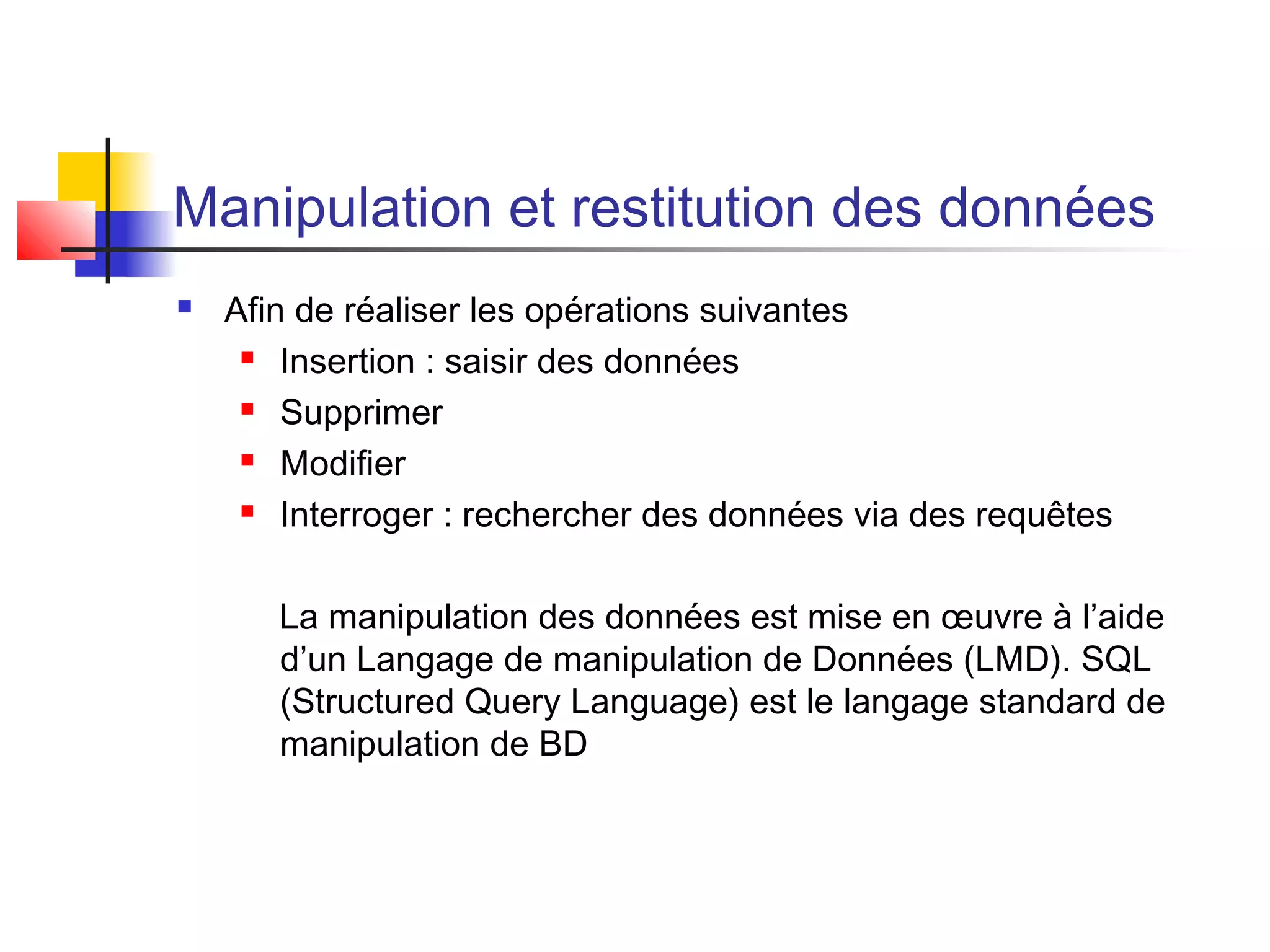 Manipulation et restitution des données
 Afin de réaliser les opérations suivantes
 Insertion : saisir des données
 Supprimer
 Modifier
 Interroger : rechercher des données via des requêtes
La manipulation des données est mise en œuvre à l’aide
d’un Langage de manipulation de Données (LMD). SQL
(Structured Query Language) est le langage standard de
manipulation de BD
 
