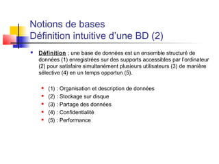 Notions de bases
Définition intuitive d’une BD (2)
 Définition ; une base de données est un ensemble structuré de
données (1) enregistrées sur des supports accessibles par l’ordinateur
(2) pour satisfaire simultanément plusieurs utilisateurs (3) de manière
sélective (4) en un temps opportun (5).
 (1) : Organisation et description de données
 (2) : Stockage sur disque
 (3) : Partage des données
 (4) : Confidentialité
 (5) : Performance
 