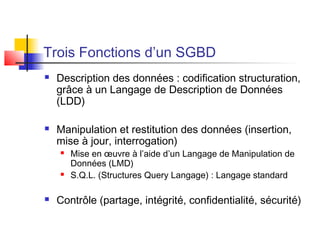 Trois Fonctions d’un SGBD
 Description des données : codification structuration,
grâce à un Langage de Description de Données
(LDD)
 Manipulation et restitution des données (insertion,
mise à jour, interrogation)
 Mise en œuvre à l’aide d’un Langage de Manipulation de
Données (LMD)
 S.Q.L. (Structures Query Langage) : Langage standard
 Contrôle (partage, intégrité, confidentialité, sécurité)
 